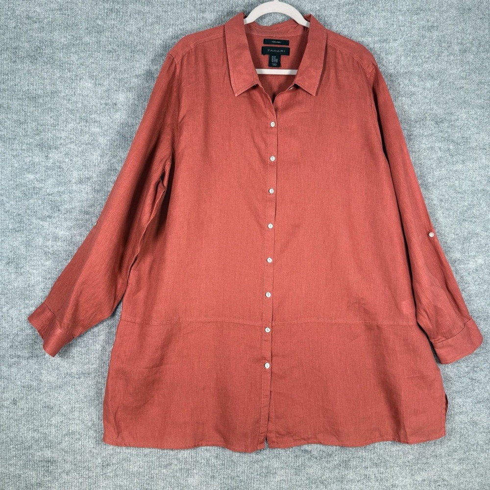 Tahari Size-2X Womens Orange 100% Linen Roll Tab Sleeve V-Neck Tunic Top